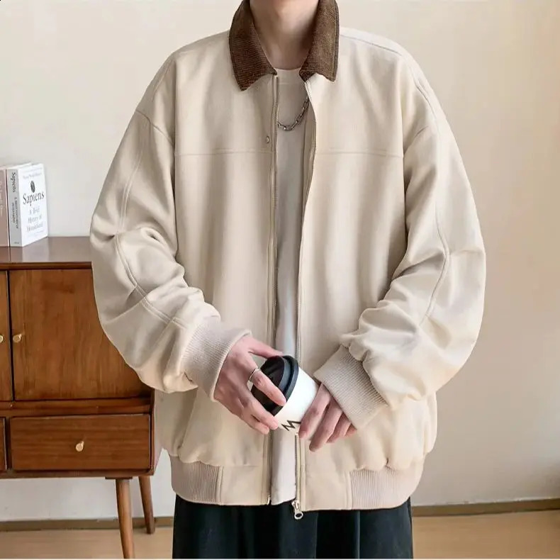 Corduroy Solid Colour Splicing Retro Suede Jacket Mens Autumn Winter Pocket Lapel Zipper Loose Jacket Warm Soft 240828