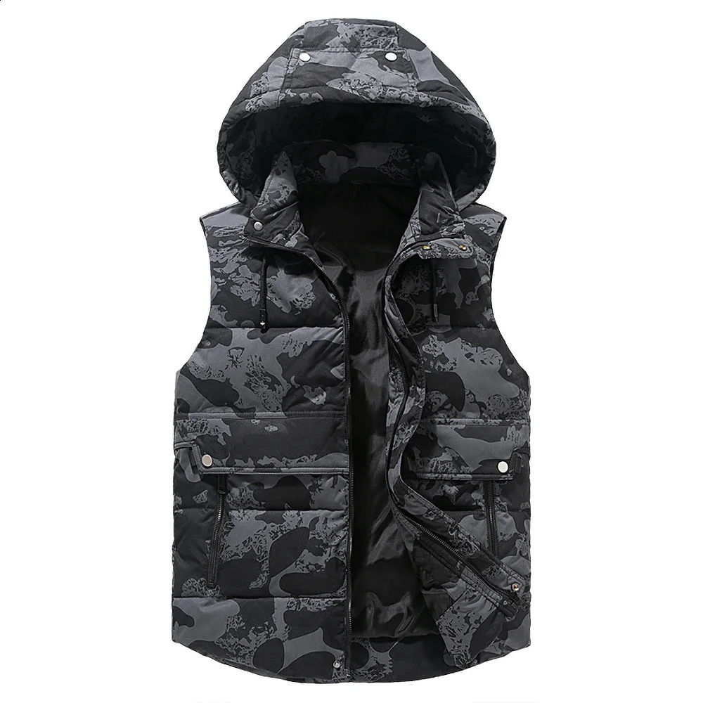 Mens Winter Tank Top Plus Size 5XL Hat Detachable Waist Coat Camo Sleeveless Jacket Warm Parkas Unloading 240828