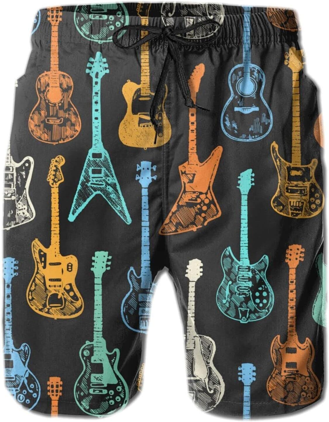 Mens Shorts 3D Printing Pattern Colorful Guitar Swim Trunks Quick Dry Casual Beach Board Swimwear
