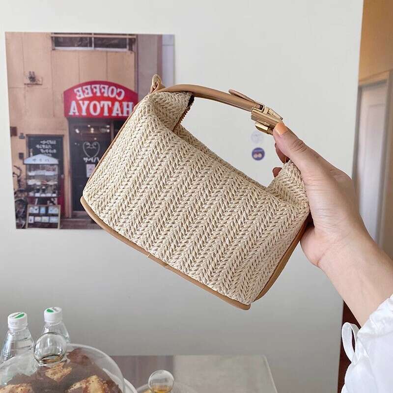 News Mini Simple Handbag With Lock Button, Summer New Woven Straw Bag, Tote Bag, Shoulder Bag, Crossbody Bag For Women, Shopping And Beach Outing Esse