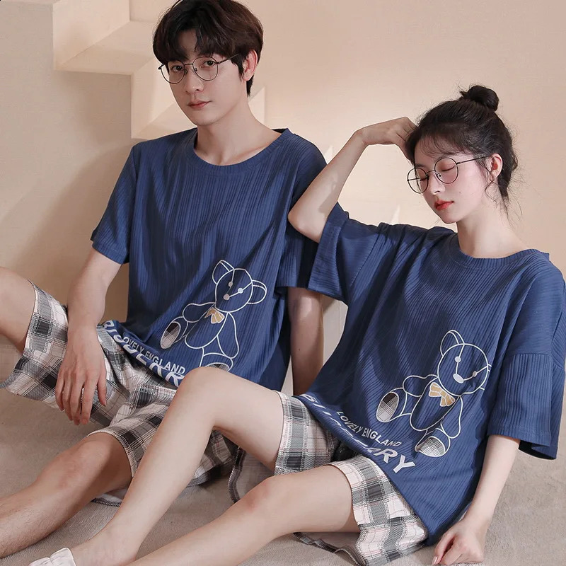 Cotton Couples Pajamas Set For Men Women Summer Short Sleeves Sleep Top Shorts Homewear Female Male Night Clothing hombre 240828