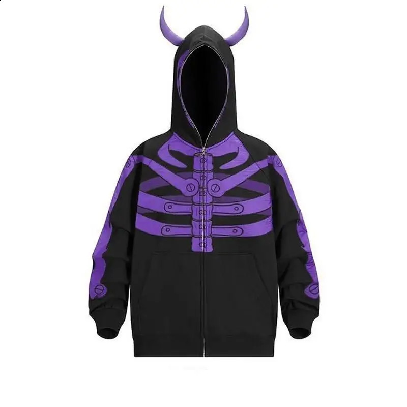 Unisex Men Women Halloween Hoodie Graphic Zip Up Sweatshirt Y2K Oversized Long Sleeve Rhinestone Skeleton Jacket 240828