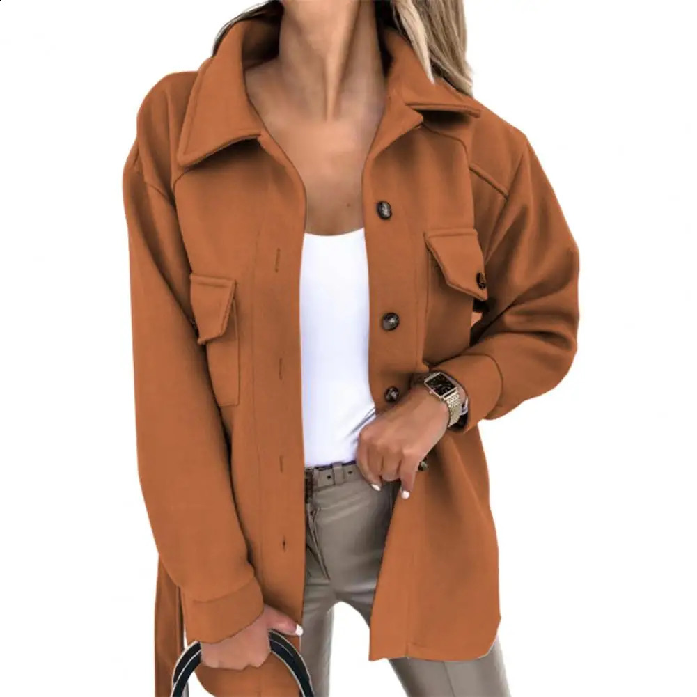 Collar womens coat single corset autumn winter wool coat flip pocket warm casual coat womens coat 240828