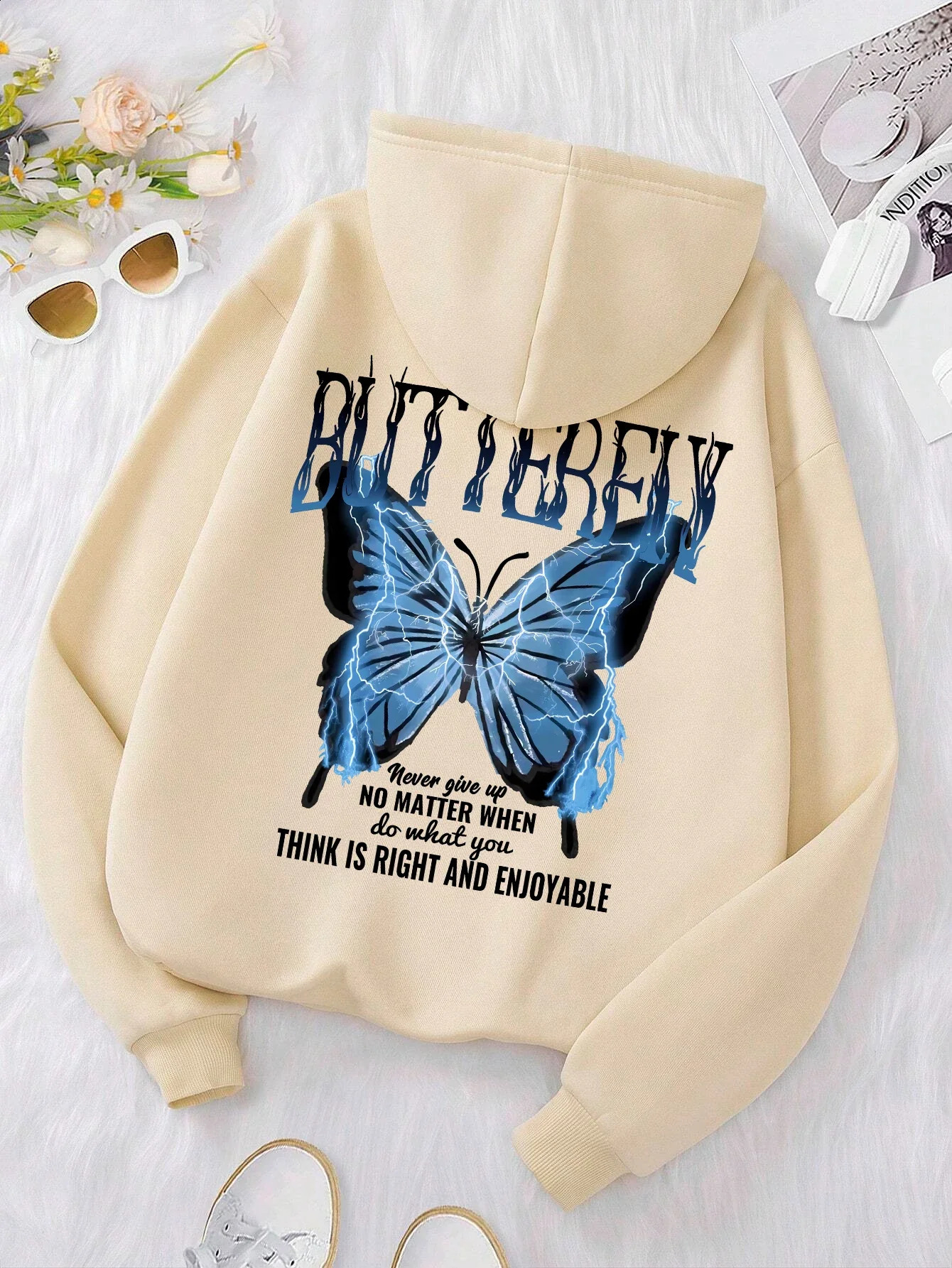 Womens Fashion Casual Trendy Sweater Outdoor Loose Sports Printed Butterfly Hoodie Size S3XL 240827
