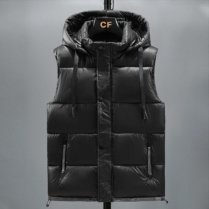 Wxw3643 black gray beige down jacket mens zipper sleeveless ultrathin winter vest hooded sweatshirt 240828