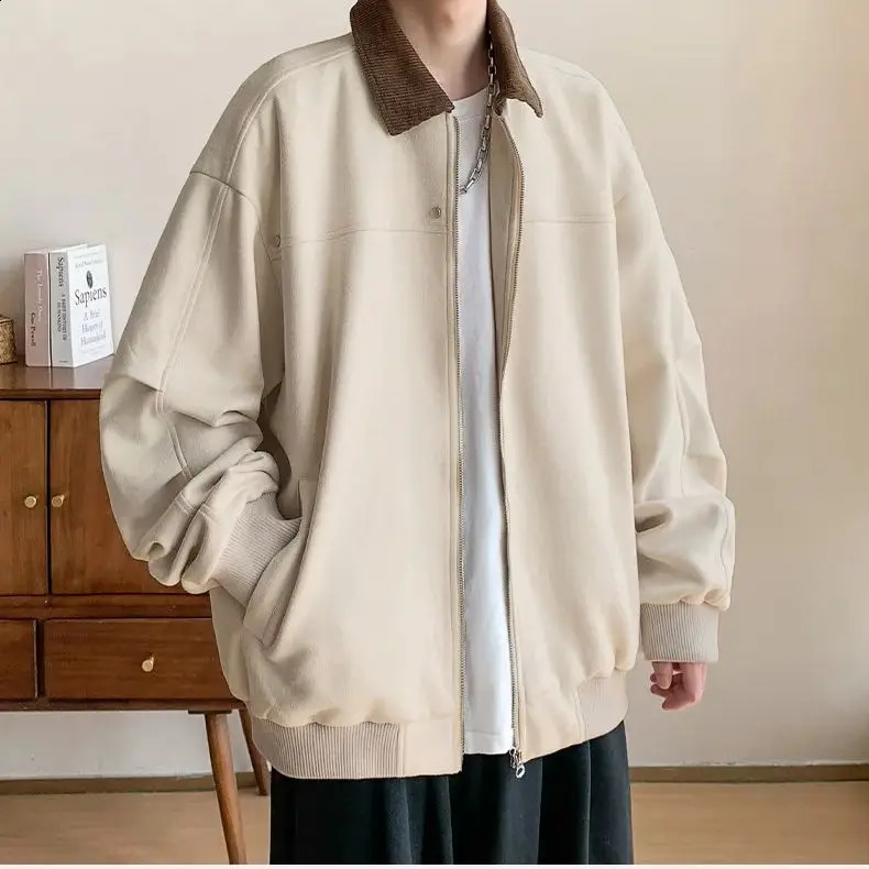 Corduroy Solid Colour Splicing Retro Suede Jacket Mens Autumn Winter Pocket Lapel Zipper Loose Jacket Warm Soft 240828