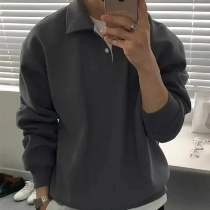 Spring and summer semi high neck solid color long sleeved mens clothing Tshirt casual loose trend simple top 240828