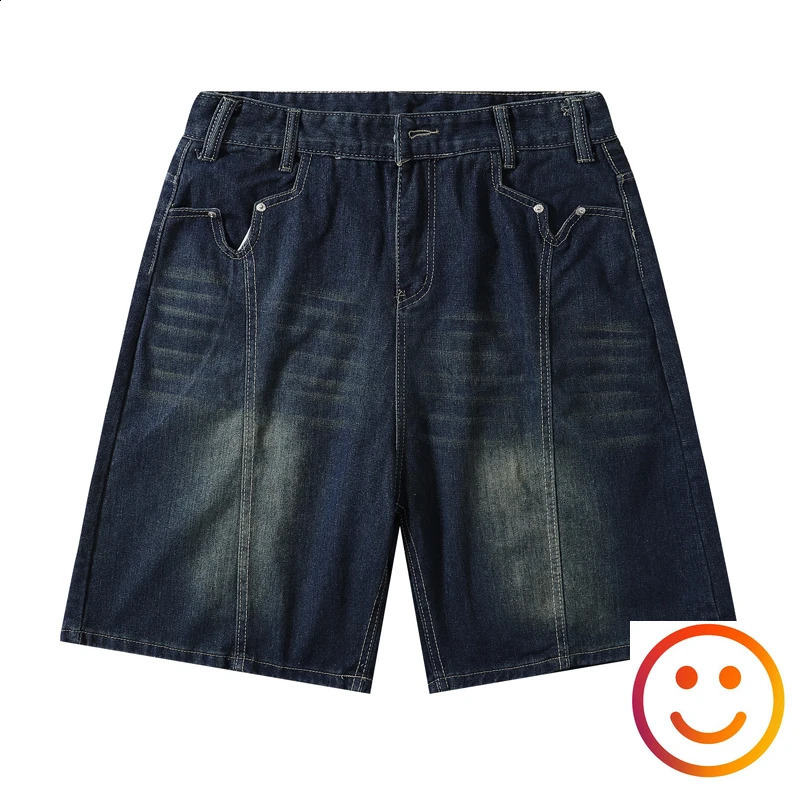 Frayed Trace TieDye Blue VPocket Denim Shorts Straight Loose Shortpant Men Women 240826Z
