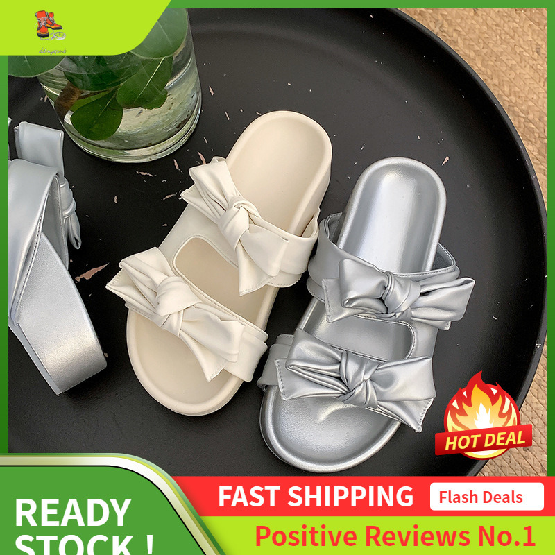 Ddmysports Flat Ribbon Bow Thick Soled Leather Women In Summer Versatile And Fairy Style Niche Cool Slippers For Outdoor Wear OUTDOOR