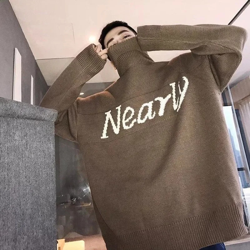 Mens clothing pull-out high neck graphic knitted sweater mens black hooded sweatshirt turtle neck Maltry trend street sales cigars 240829