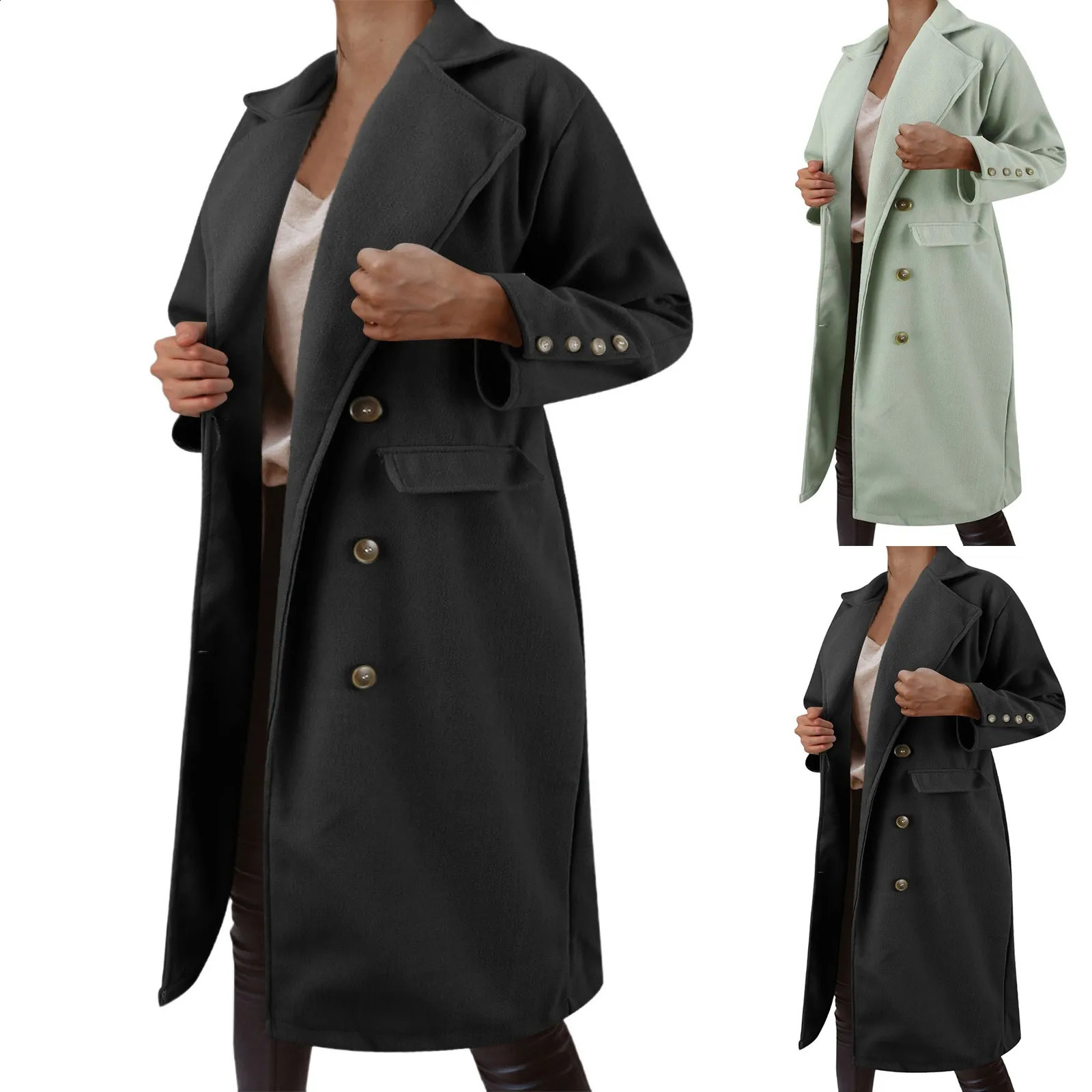 Autumn and winter wool coat womens long sleeved double chest slim fit slotted coat womens solid lapel long coat 240828