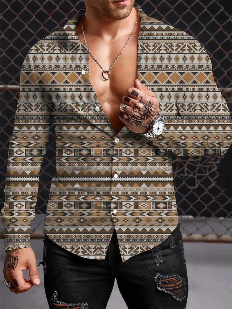 2023 Mens Long Sleeve Shirt Harajuku Vintage Pattern Polo Collar Fashion Casual Luxury Top S-5XLXJ240828