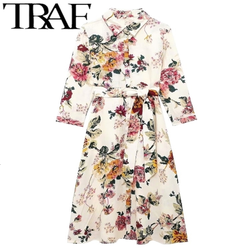 TRAF Womens Autumn High Quality Linen Printed Shirt Long Sleeve Loose Belt Midi Dress Y2K 240829