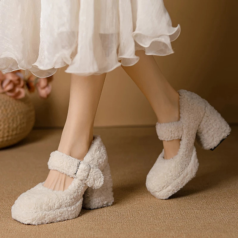 High platform Lambswool Mary Jane shoes womens retro teddy fur thick soled pump womens winter warm plush dress Zapatos 240827
