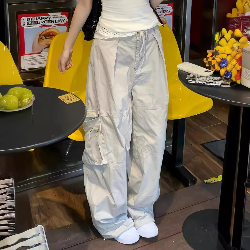 QWEEK Y2K Luggage Womens Grey Cargo Pants Casual American Style Retro Wide Leg Trousers Sweet Summer High Waist Pantalon 240827