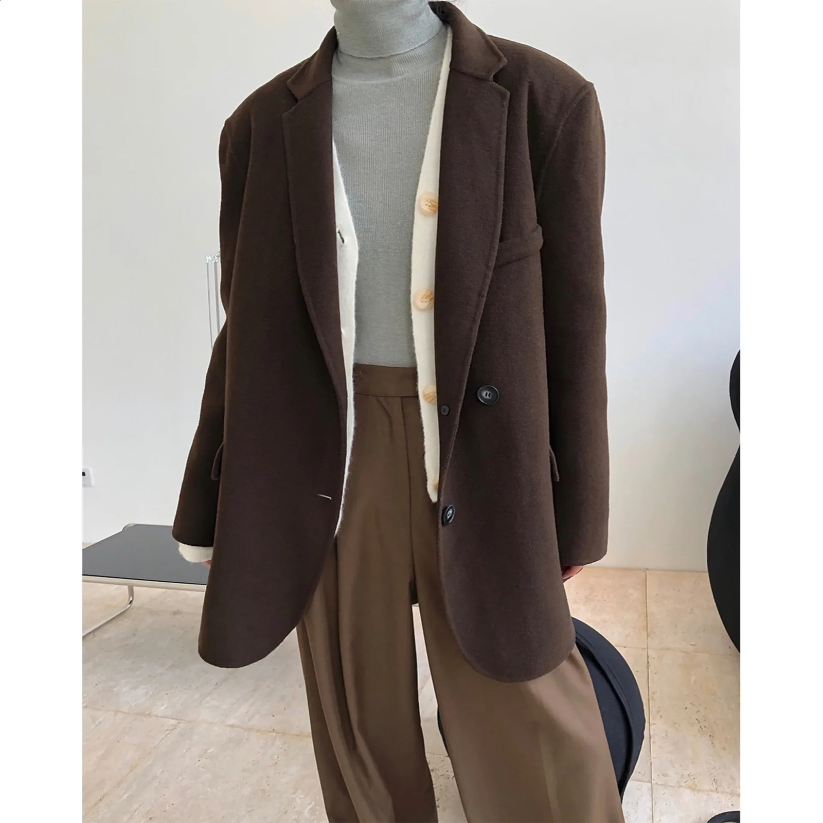 Winter retro fashion double-sided wool coat wide shoulder casual weight loss warm jacket loose fit 240828