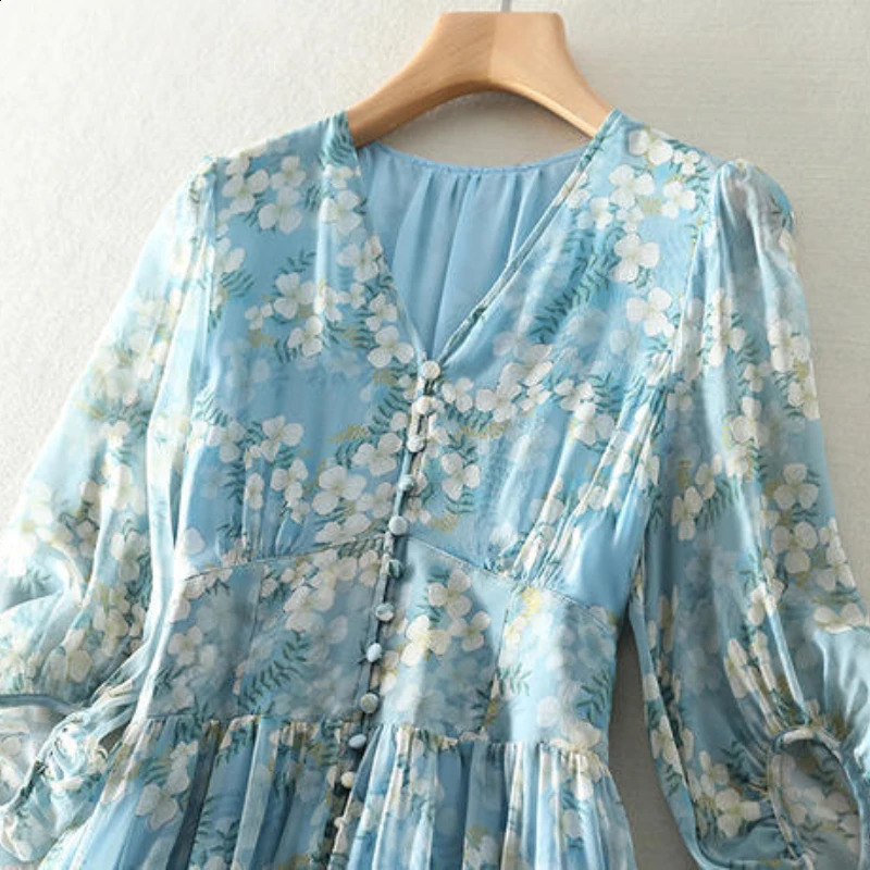 Bohemian womens summer long sleeved Vneck elegant blue chiffon dress with high waist printed beach skirt 240828