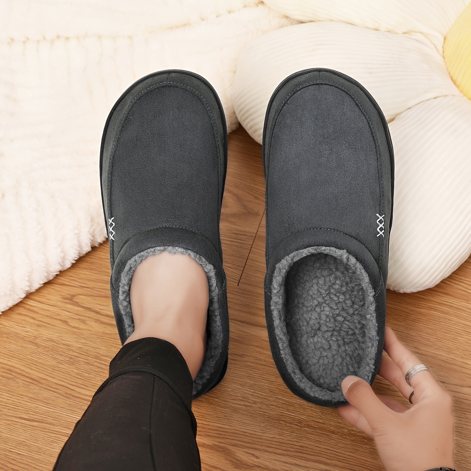 PLUS SIZE Mens Solid Ultra-Cozy House Slippers - Lightweight, Ventilated & Anti-Skid - Plush Fleece Lined Slip-ons for Effortless Indoor - Ideal for A