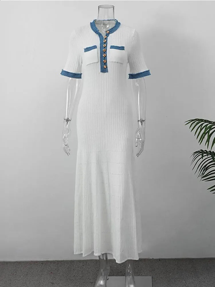 Contrast Denim Patchwork Knitted Long Dress Women Fashion Short Sleeve Buttons Bodycon Maxi Dresses Lady Pockets A Line Robes 240828