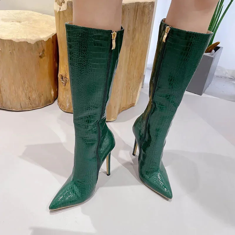 Temperment Pointed Toe 12cm High Heel Boots Womens Shoes Stone Pattern Knee High Stiletto High Heels Modern Boots Zapatos 240827
