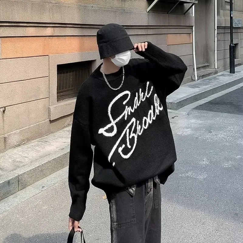 Knitted sweater mens Korean fashion street handsome letter color blocks personality winter Ins sweater 240829
