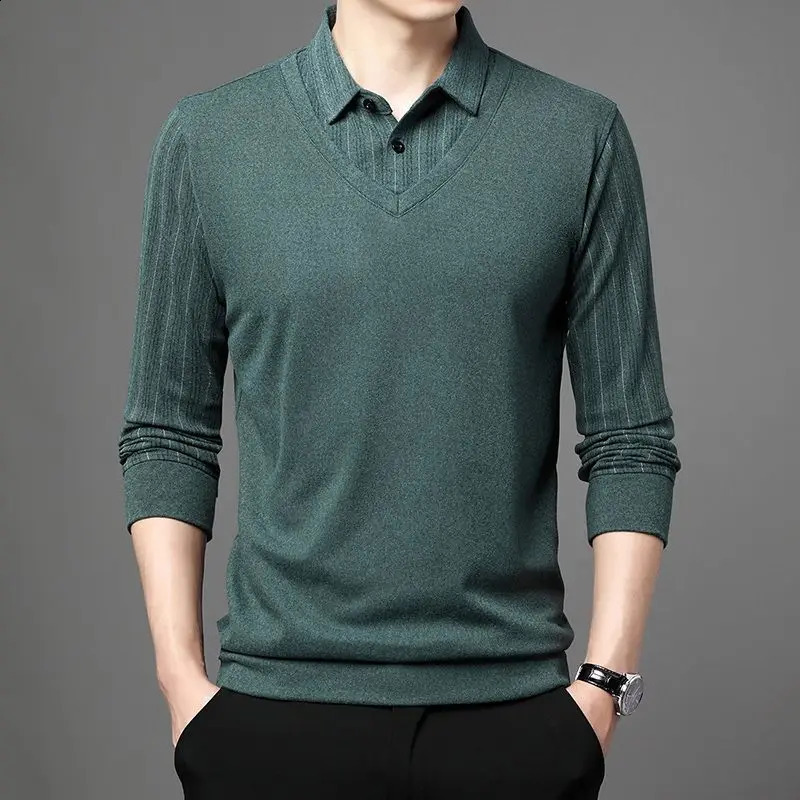 autumn and winter smart casual lapel long sleeved Tshirt mens clothing fashion button zipper splicing work top 240828