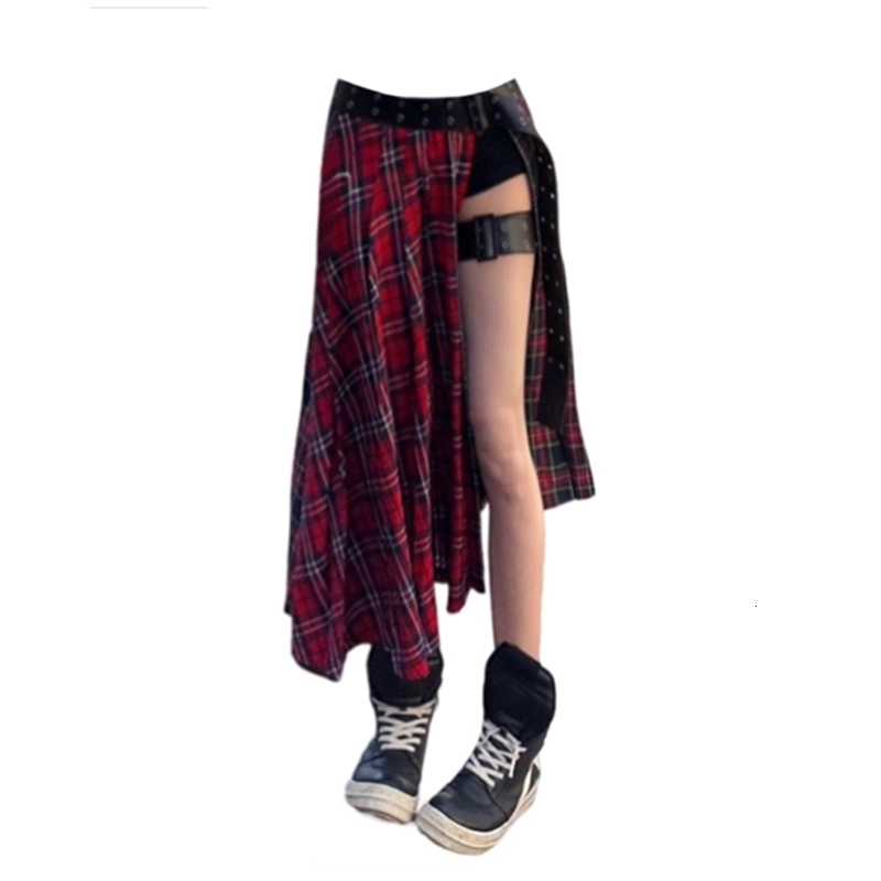 Womens red checkered A-Line skis Y2k Harajuku Korean long style skis retro streetwear aesthetic skis 2000s oversized summer clothing 240828