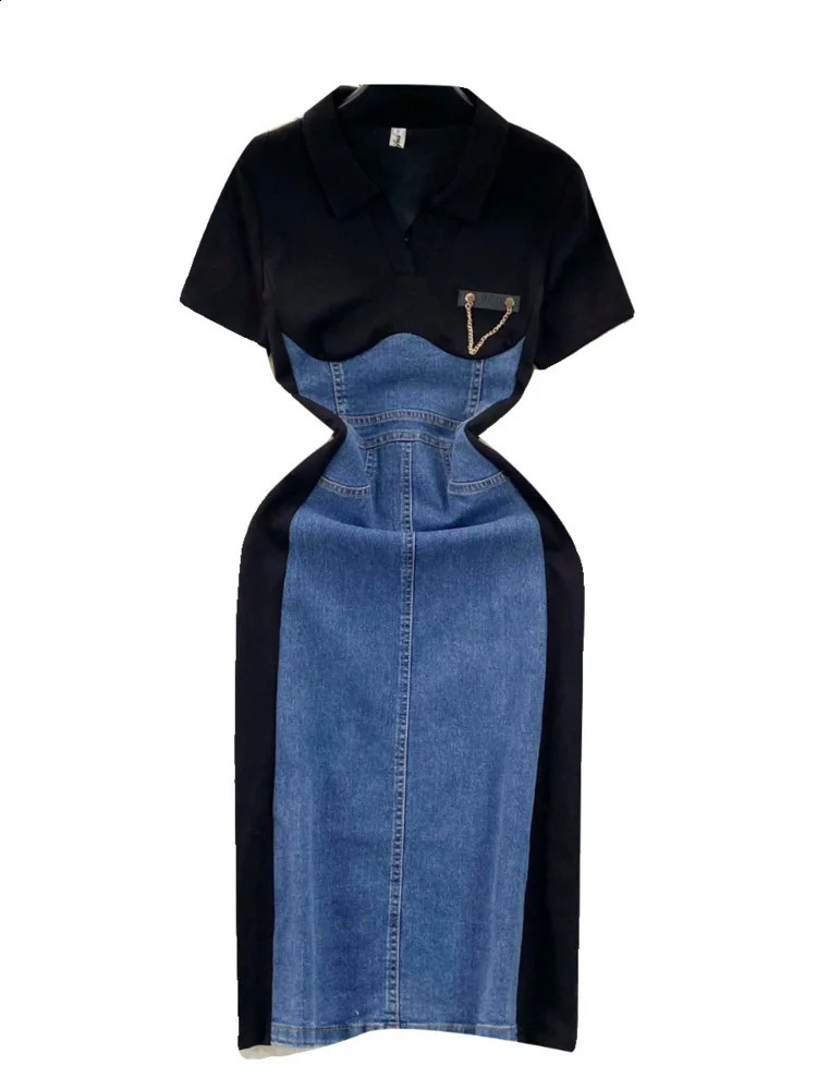 XFPV Women Temperament Short Sleeve Contrast Color Patchwork Denim Dress Vestidos Korean Fashion Spring Autumn SM9365 240828