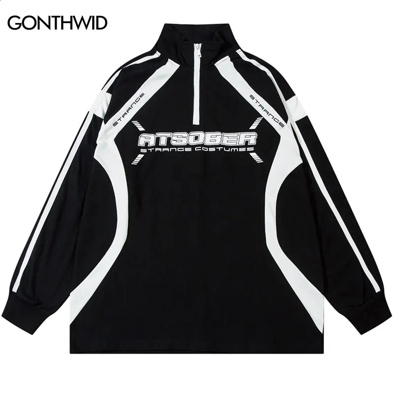 Retro polo shirt Y2K graphic printed racing Tshirt streetwear hiphop half zipper oversized Harajuku cotton loose top 240828
