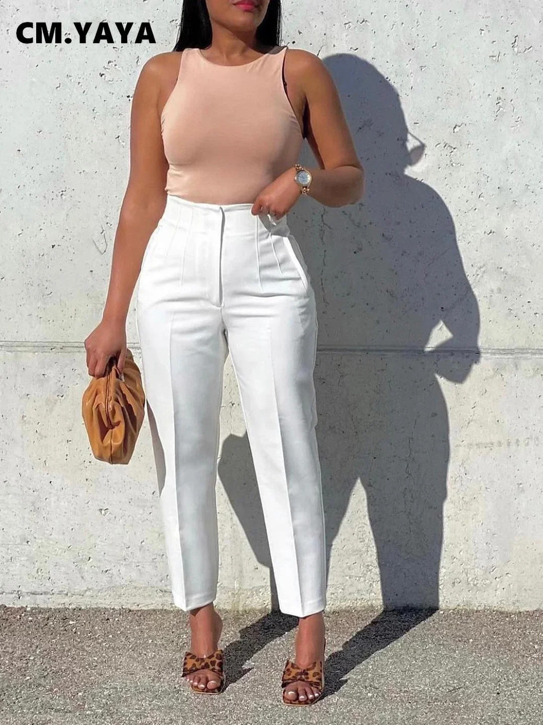 CM.YAYA Women Fashion Tailored Trousers High Waist Zipper Fly Solid Pencil Pants 240829CJ