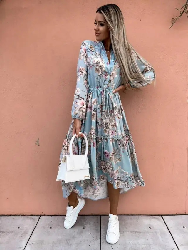 Womens clothing spring and summer fashion color Vneck long sleeved printed waist floral lace dress with large swing 240828