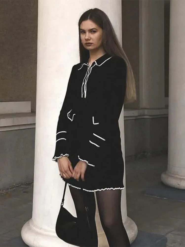 Contrast Ruffled Knitted Dress Women Fashion Autumn Long Sleeve Single Breasted Midi Dresses Lapel High Waist Vestidos 240828