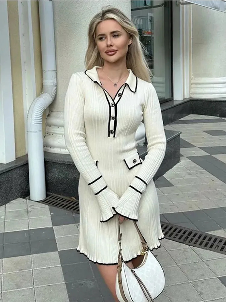 Contrast Ruffled Knitted Dress Women Fashion Autumn Long Sleeve Single Breasted Midi Dresses Lapel High Waist Vestidos 240828