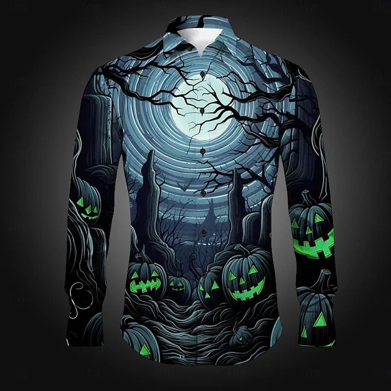 Party Magic Skeleton Mens Long Sleeve Shirt Halloween Pumpkin Bird 3D Printed Button Trend Cool Fashion Beach Party Top 240829
