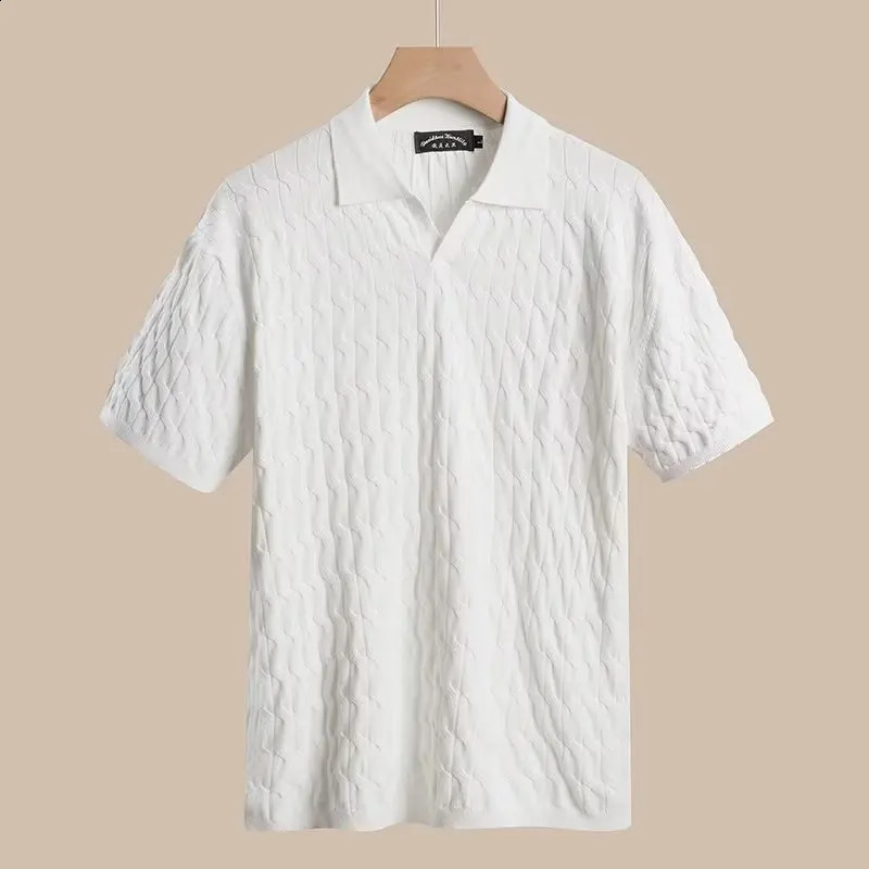 knitted polo shirt mens ultrathin slim fit solid short sleeved summer trend highend Tshirt 240828