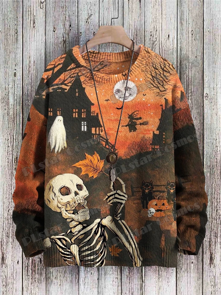 Halloween ghost and cat and retro cat patterns 3D printed mens knitted floral winter unisex casual knitted floral sweater ZZM62 240829