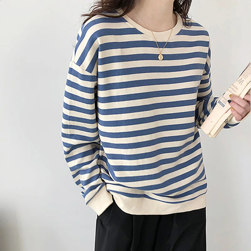 Korean boyfriend oversized casual hooded womens harajuku street retro striped patchwork sports shirt Oneck pulled thin top 240827