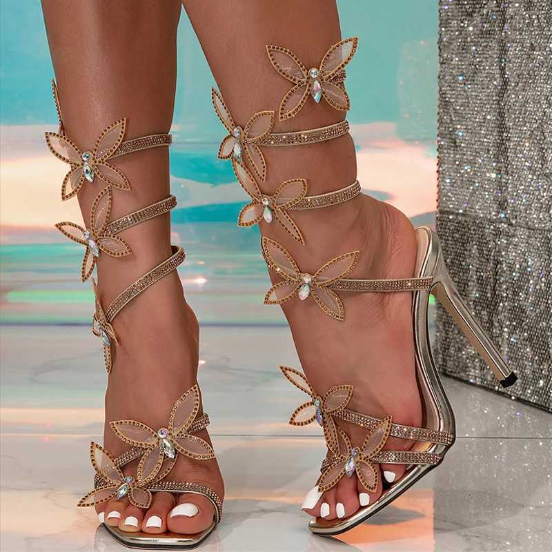 Likes Designer Crystal Butterfly Ankle Strap Gold Sandals Women Wedding Prom Shoes Sexy Square Toe Rhinestone Heels Sandals W250514
