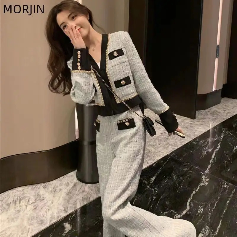 V Neck Tweed Jacket Women Top Korean Wide Leg Plaid Pants Vintage Striped Coat Y2k Two Piece Sets Womens Outifits 240828