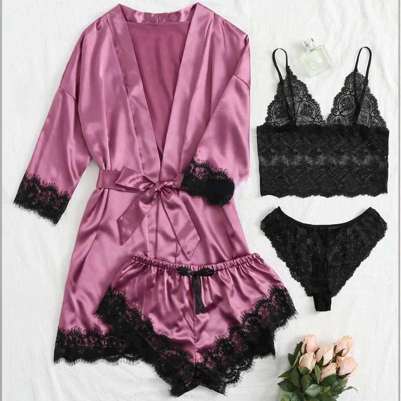 Womens 4-piece floral lace decorated satin sleepwear set with long robe sexy synthetic silk sleepwear casual home wear night wear CL240829