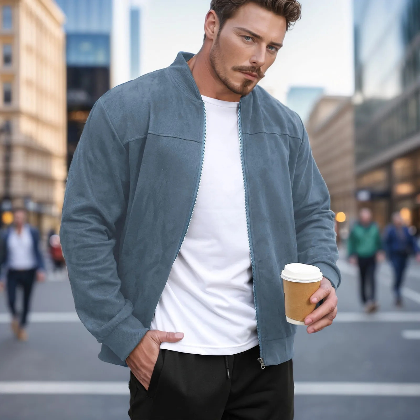 Mens solid color suede lightweight stand up collar zipper cardigan jacket casual loose business comfortable trendy 240829