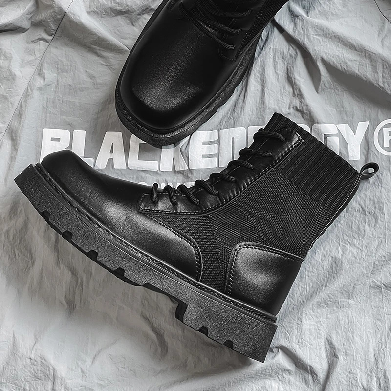 Mens Boots Toog Ankle Sock Boot Full Black High Top Leather Casual English Young Fashion Vitality Anti-wear Mans Footwear 240828