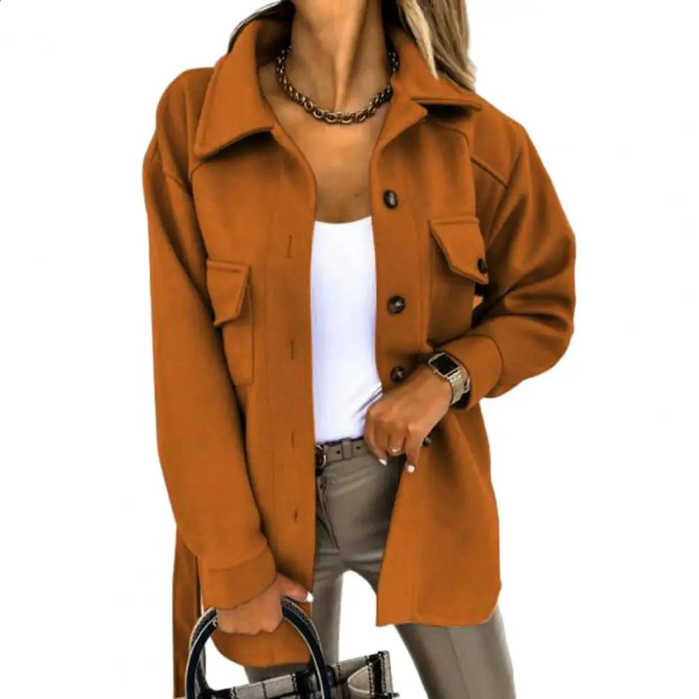 Womens coat autumn winter belt solid color wool coat button long sleeved thick warm womens jacket 240828
