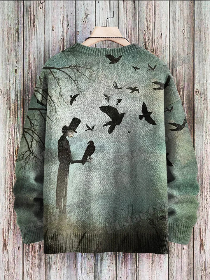 Halloween wizard crow retro art pattern 3D printing mens knitted floral winter unisex casual knitted floral sweater ZZM125 240829