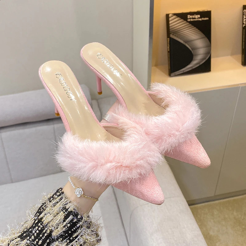 Kitten heel flip summer shoes womens clip on slippers womens fur and mule shoes elegant midsole sandals women 240827