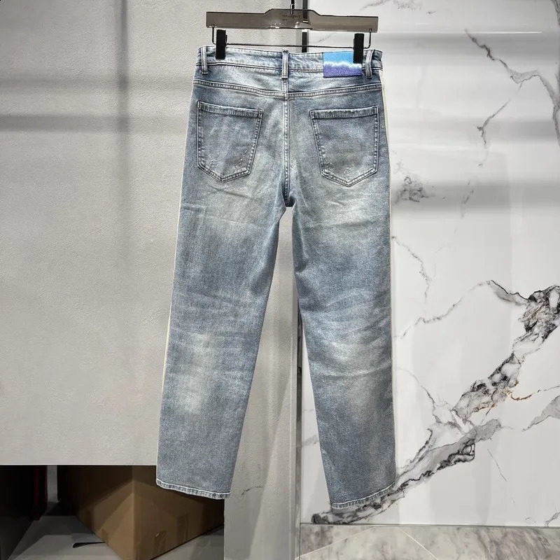 mens straight jeans high-quality washed edge stripes casual denim pants blue hip-hop streetwear mens Trousers 240829
