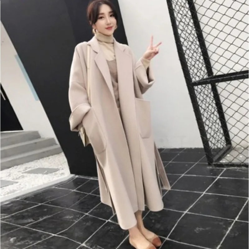 Nice autumn winter wool coat womens long sleeved wool blend coat open front park with loose waistband casual coat 240828