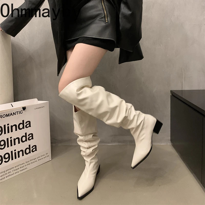Elastic soft leather womens knee high boots fashionable Pointed sole autumn thick boots womens long boots 240827