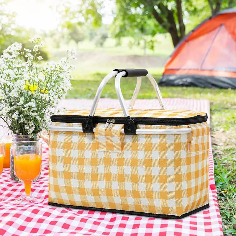 Folding insulated picnic basket lunch bag beach cooler leak proof portable camping large capacity n 240828