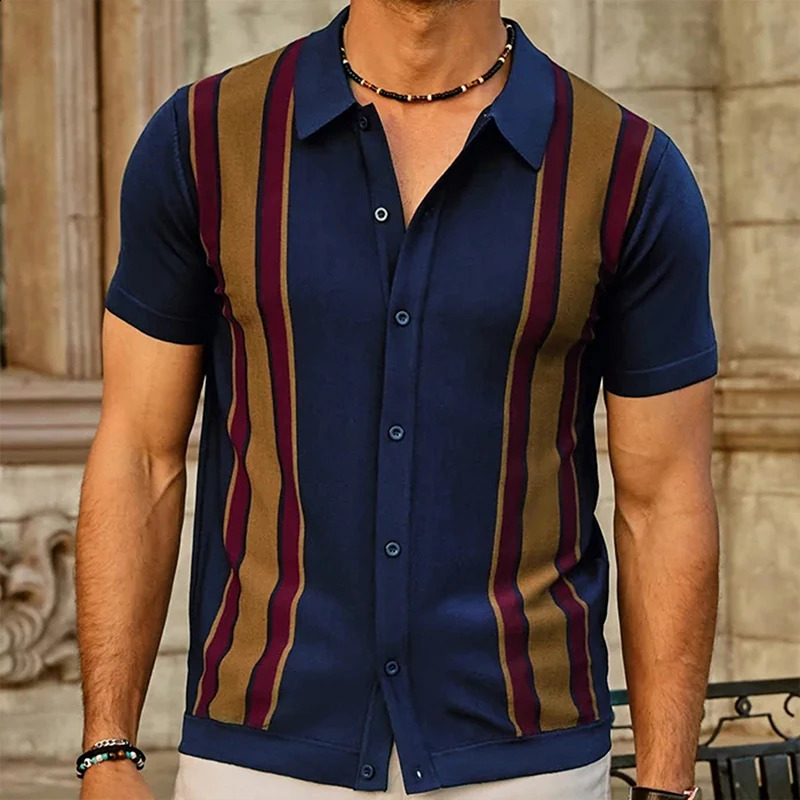 Mens Clothing Knit Short Sleeve Polo Shirt Casual Streetwear Lapel Button Down Cardigan Breathable Tops Summer Knitwear 240828